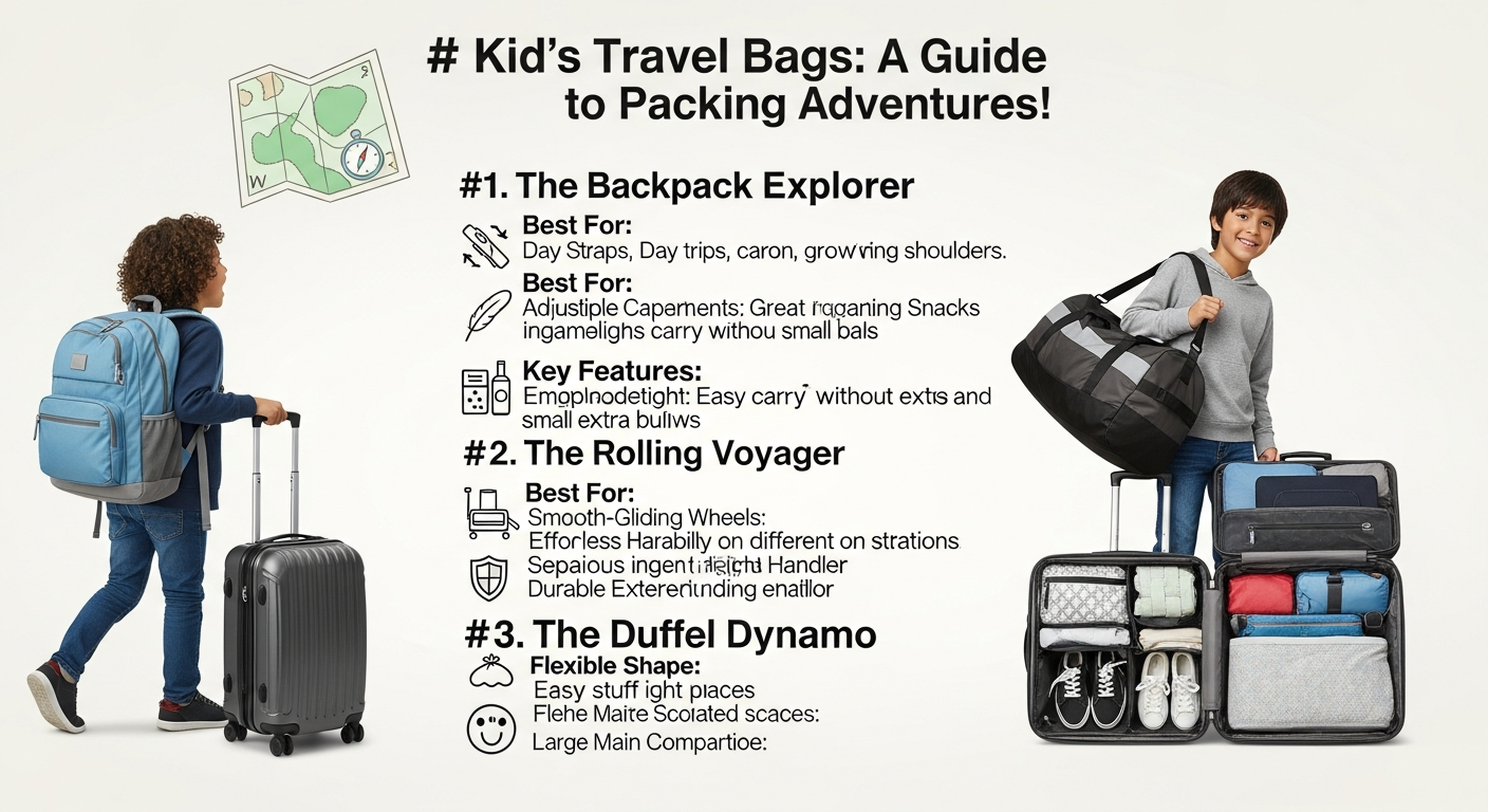 An infographic showing various kids travel bag types like backpacks, rolling suitcases, and duffel bags, with icons highlighting their main features.