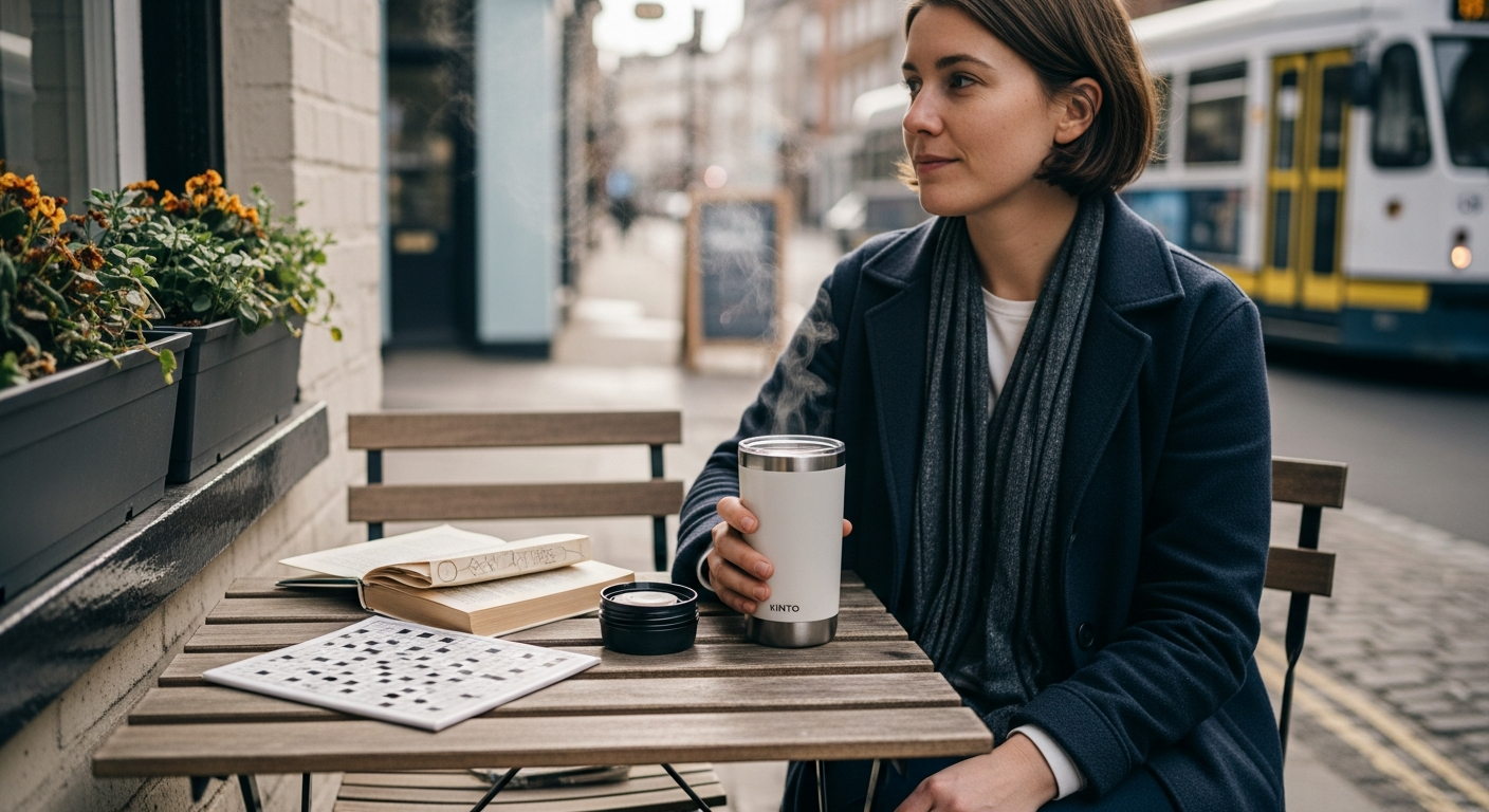A person casually holding a Kinto Travel Tumbler in a lifestyle shot, emphasizing its portability and comfort for daily use.