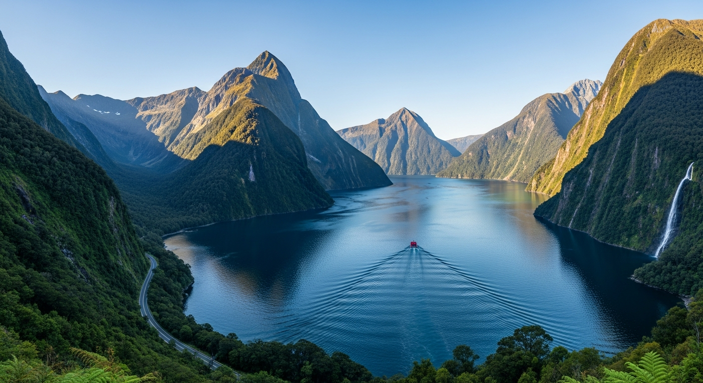 Panoramic view of New Zealand's majestic Milford Sound, showcasing towering fjords and pristine waters under a clear sky. Panoramic view of New Zealand's majestic Milford Sound, showcasing towering fjords and pristine waters under a clear sky.