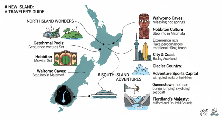 Infographic comparing North and South Island New Zealand travel highlights, including adventure sports, cultural sites, and natural wonders.