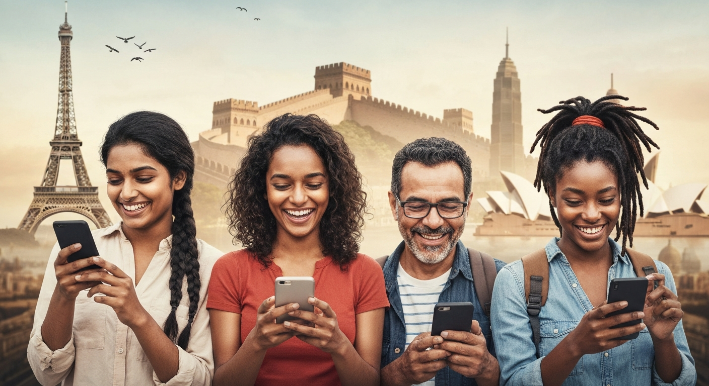 Diverse travelers using Klook app to plan their trips with global landmarks in the background. Diverse travelers using Klook app to plan their trips with global landmarks in the background.