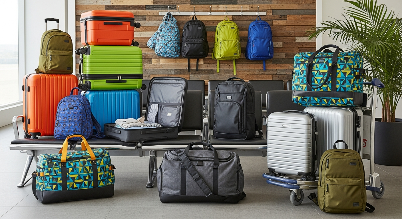 A diverse collection of Kmart travel bags, showcasing suitcases, duffle bags, and backpacks in various colors and styles, suitable for different travel needs.