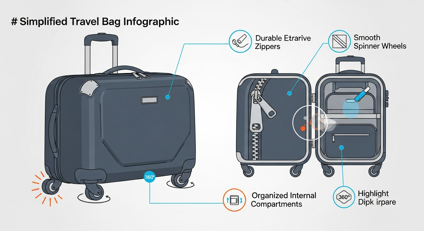Infographic highlighting essential features of reliable Kmart travel bags, including sturdy wheels, secure zippers, and smart internal organization.