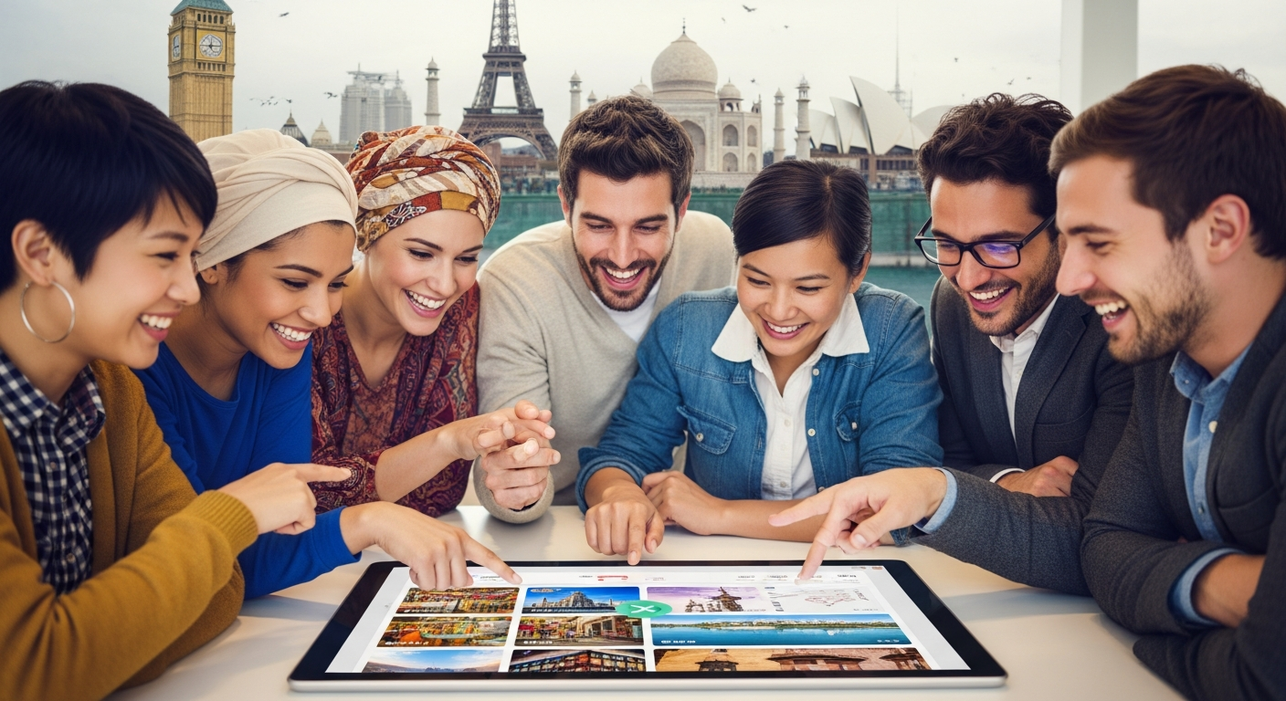 Diverse travelers using a digital platform to plan their global adventures with ease and excitement Diverse travelers using a digital platform to plan their global adventures with ease and excitement