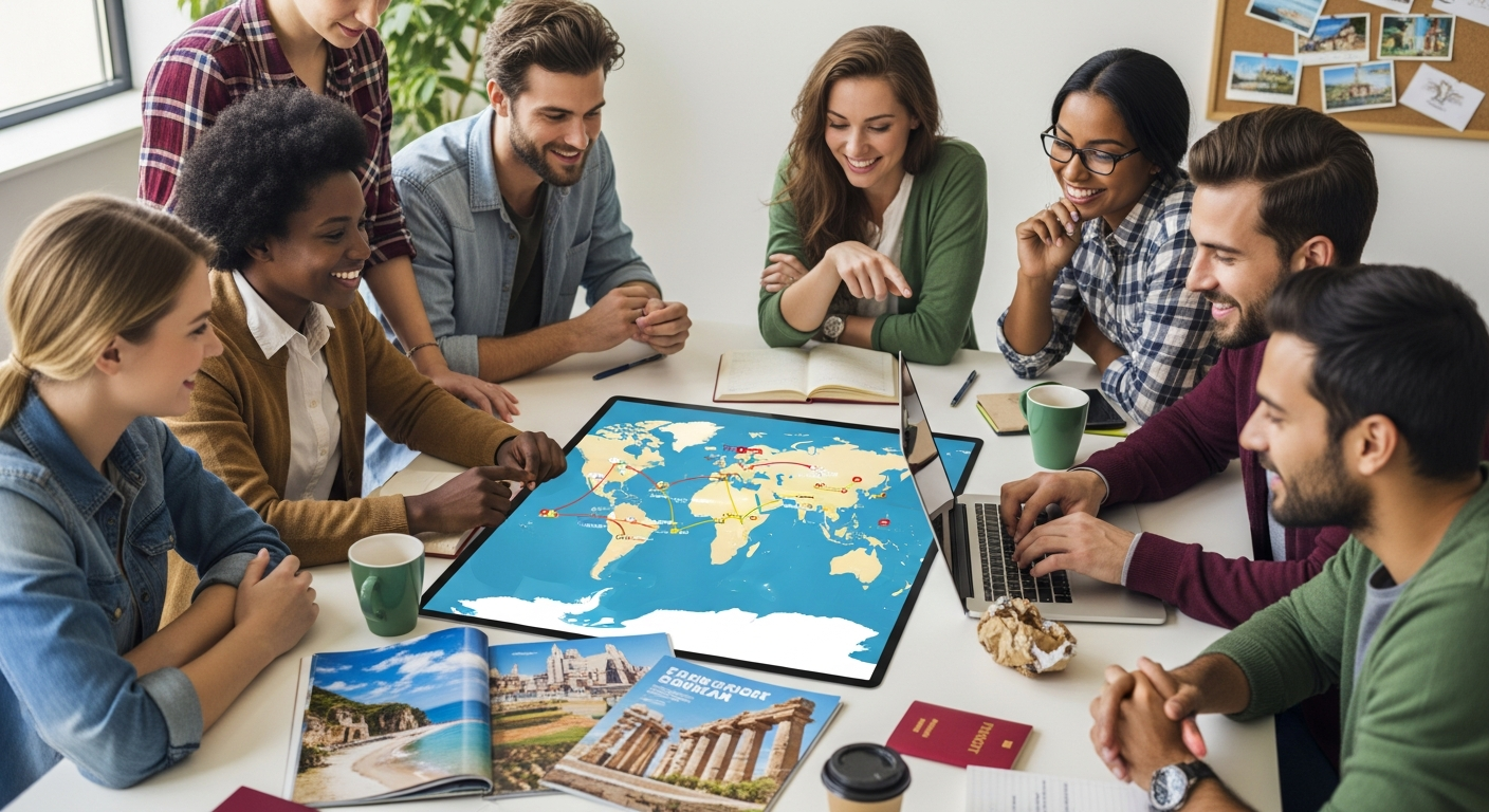 Friends planning a global trip using a digital map and travel documents, symbolizing smart preparation.