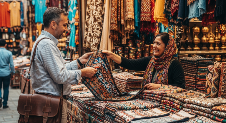 Traveler interacting with locals in a vibrant international market, illustrating cultural immersion and ease of travel.