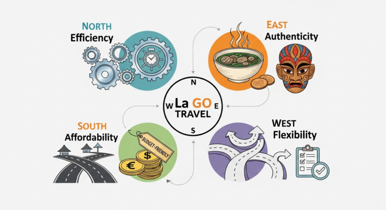 An infographic illustrating the core principles of La Go Travel: Efficiency, Authenticity, Affordability, and Flexibility, represented by distinct, clear icons.