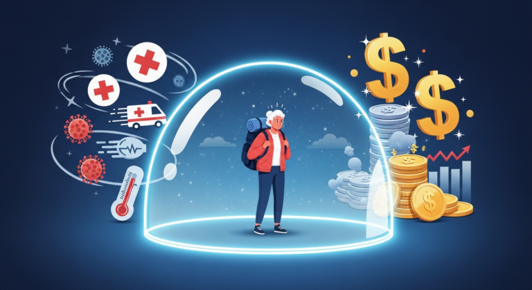 Conceptual illustration of a traveler shielded from medical and financial risks abroad by health travel insurance.