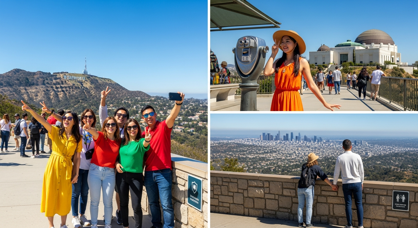 Tourists enjoying a safe and vibrant visit to Los Angeles landmarks under clear skies.
