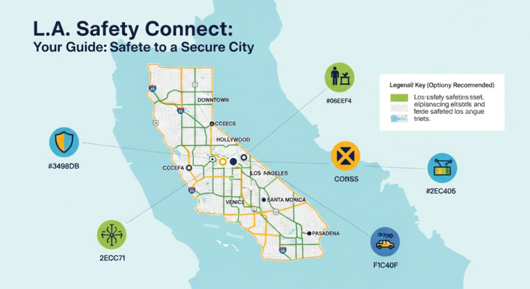 Infographic illustrating interconnected safety measures and official information sources for travel in Los Angeles.