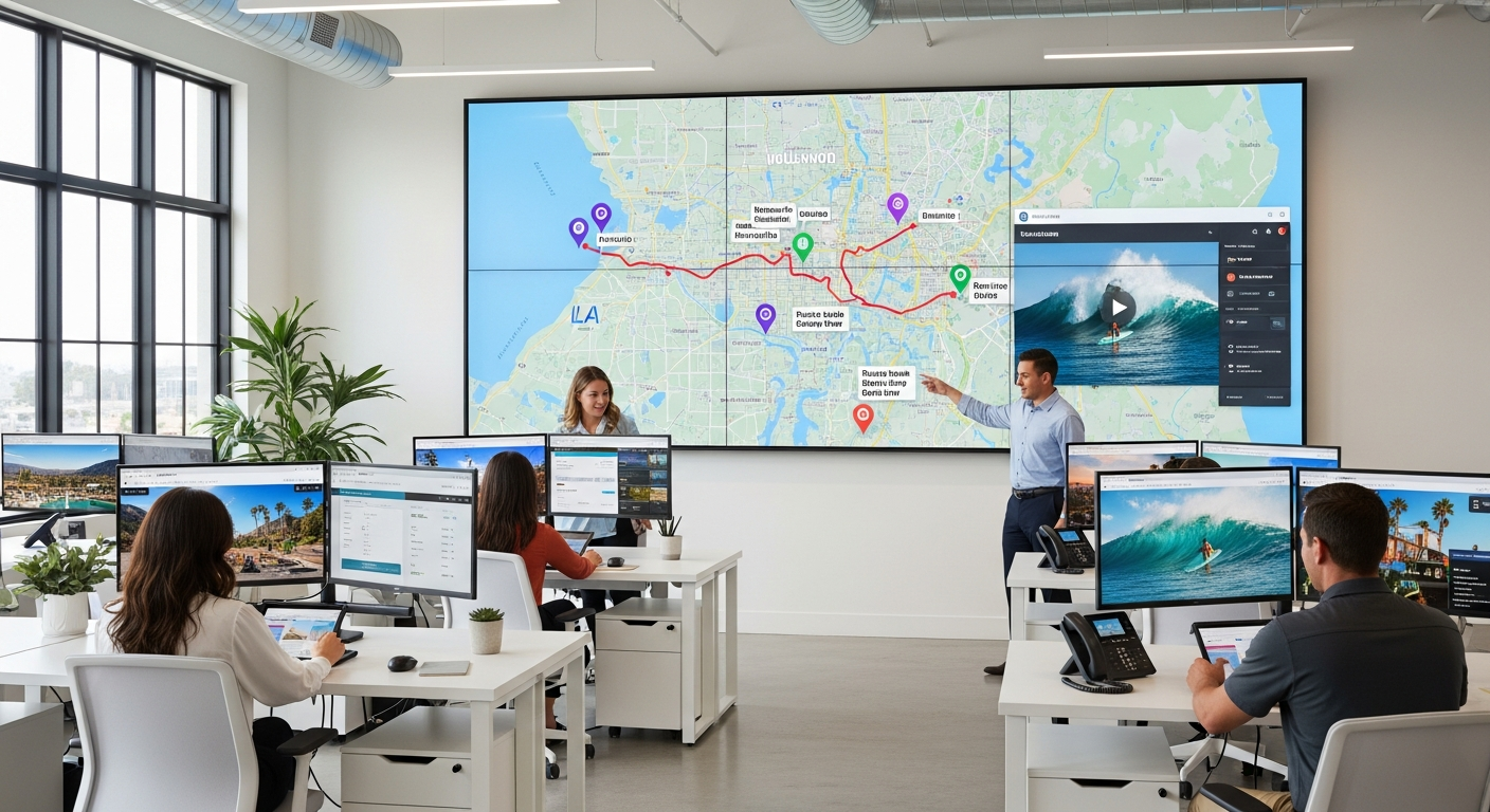 A professional LA travel agency setting with agents helping clients plan their trips on a large digital screen displaying Los Angeles attractions. A professional LA travel agency setting with agents helping clients plan their trips on a large digital screen displaying Los Angeles attractions.