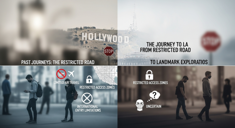 Infographic comparing past travel restrictions to current open travel in Los Angeles, highlighting the shift from bans to freedom.