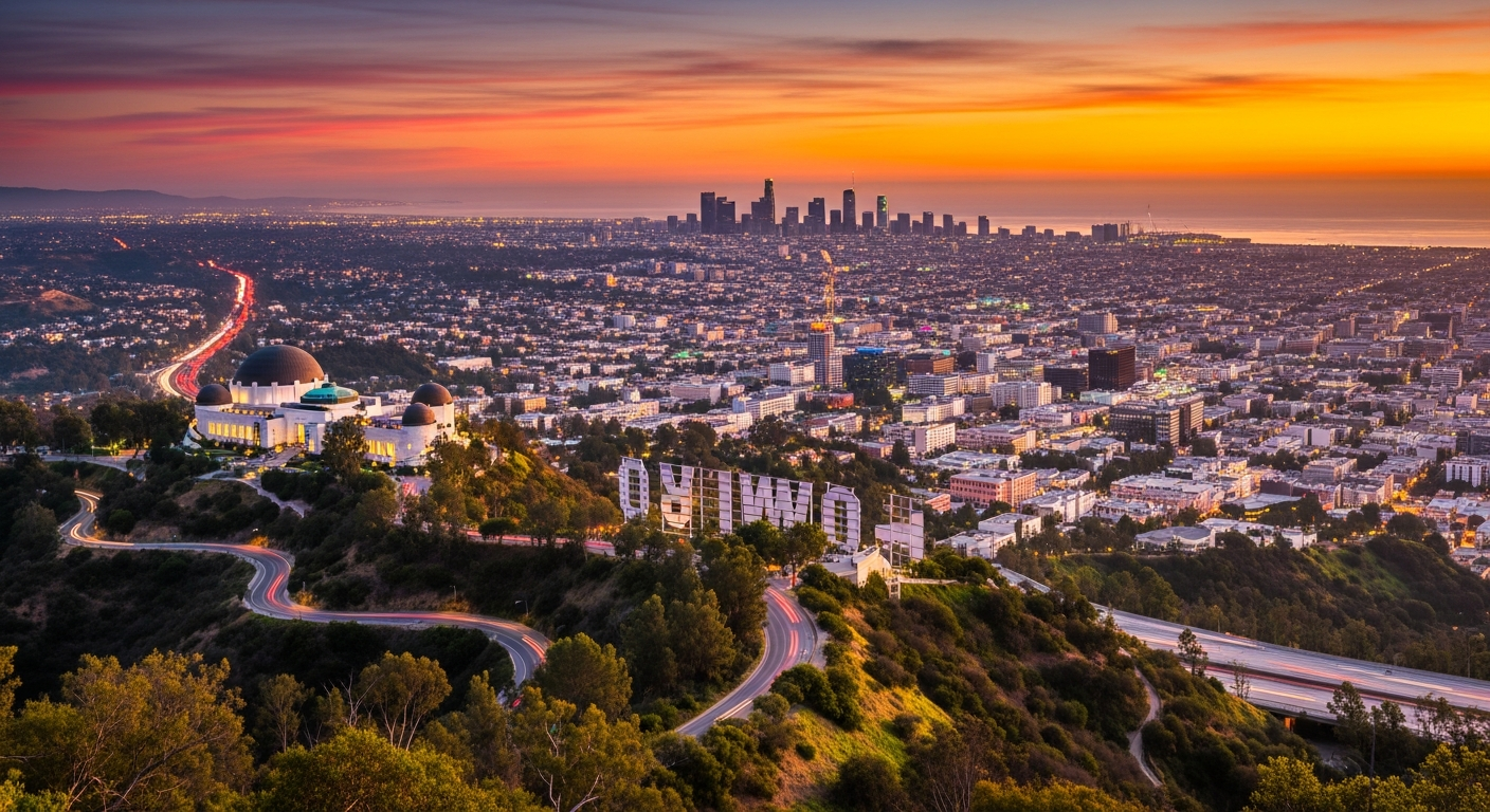 Panoramic view of Los Angeles cityscape at sunset with Hollywood Sign and Griffith Observatory visible, ideal for an LA travel itinerary. Panoramic view of Los Angeles cityscape at sunset with Hollywood Sign and Griffith Observatory visible, ideal for an LA travel itinerary.