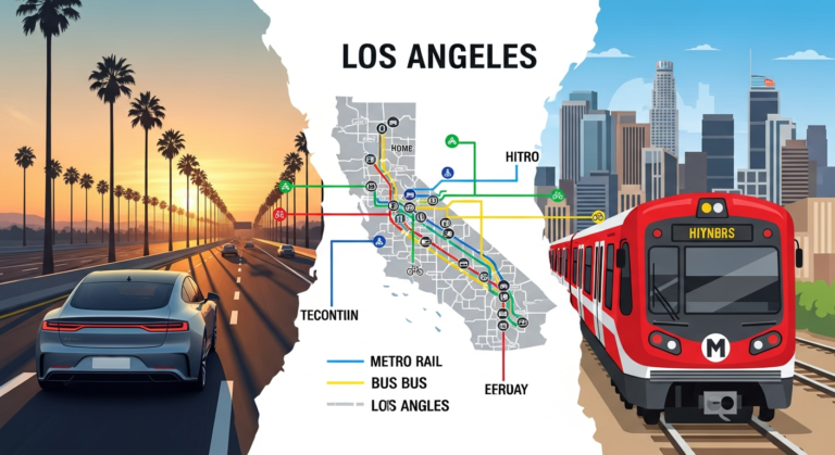 Infographic illustrating Los Angeles transportation options including car, metro, and ride-sharing for efficient travel planning.