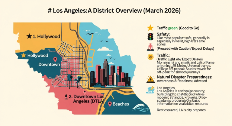 Stylized map of Los Angeles showing key districts and icons for safety, traffic, and natural disaster preparedness.
