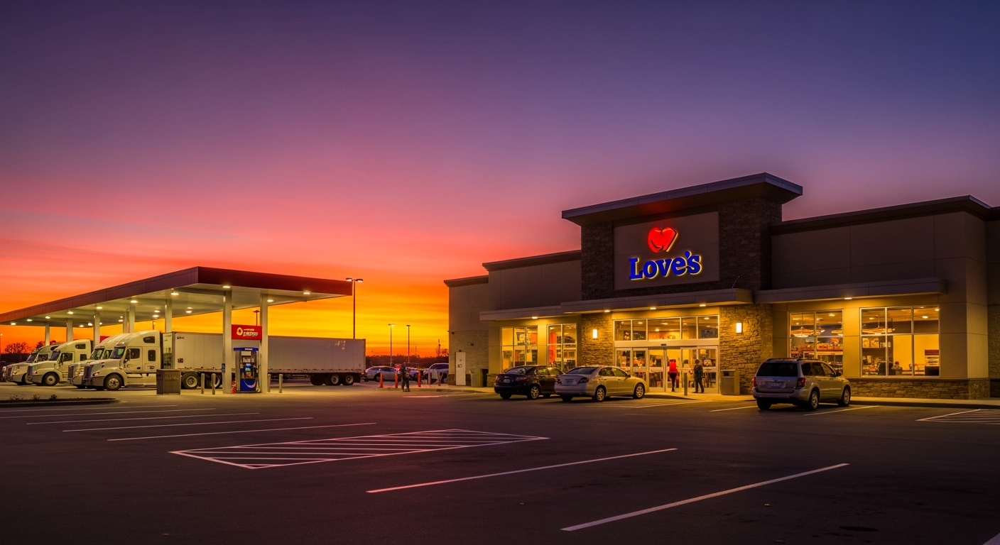 Exterior of a modern Love's Travel Stop at dusk, showing cars and trucks, a welcoming entrance, and the prominent Love's logo.