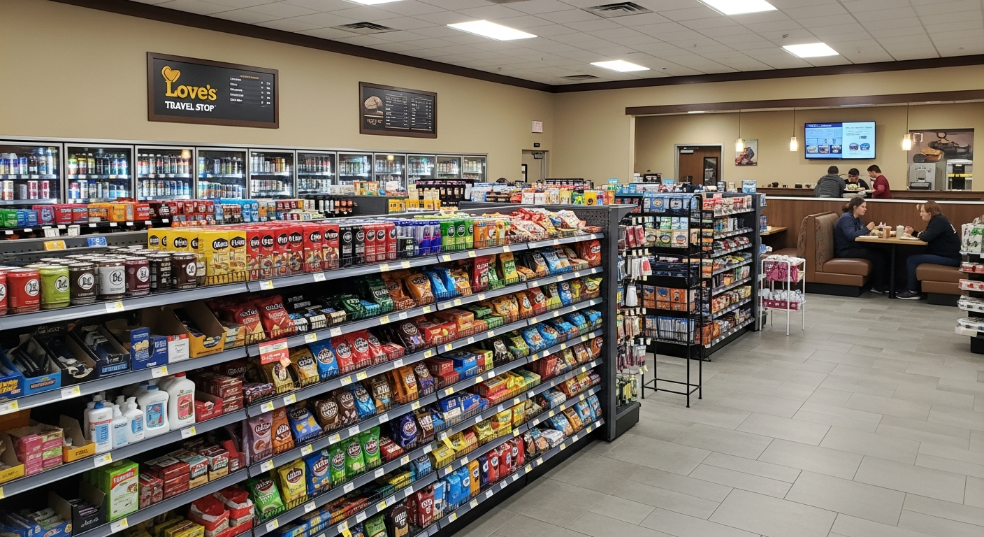 Interior of a Love's Travel Stop convenience store and dining area, featuring well-stocked shelves and customers enjoying food in a clean setting.
