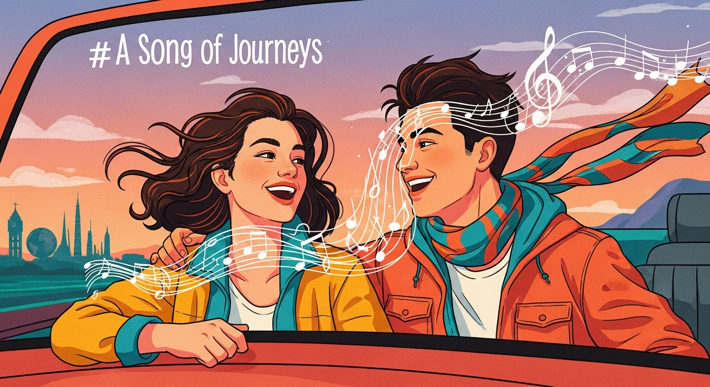 Joyful travelers with music notes and world map elements, symbolizing the harmony of love, travel, and music. Joyful travelers with music notes and world map elements, symbolizing the harmony of love, travel, and music.