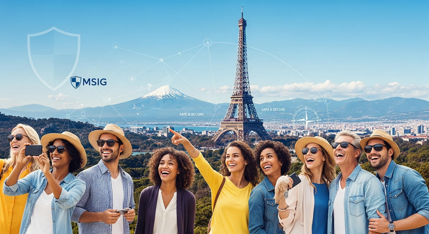Happy travelers exploring a beautiful landscape, symbolizing the security and enjoyment provided by MSIG travel insurance.