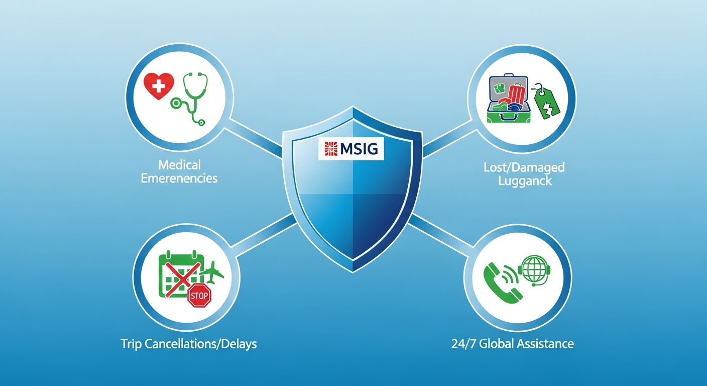 Infographic showing key benefits of MSIG travel insurance like medical coverage, lost luggage, and emergency assistance.