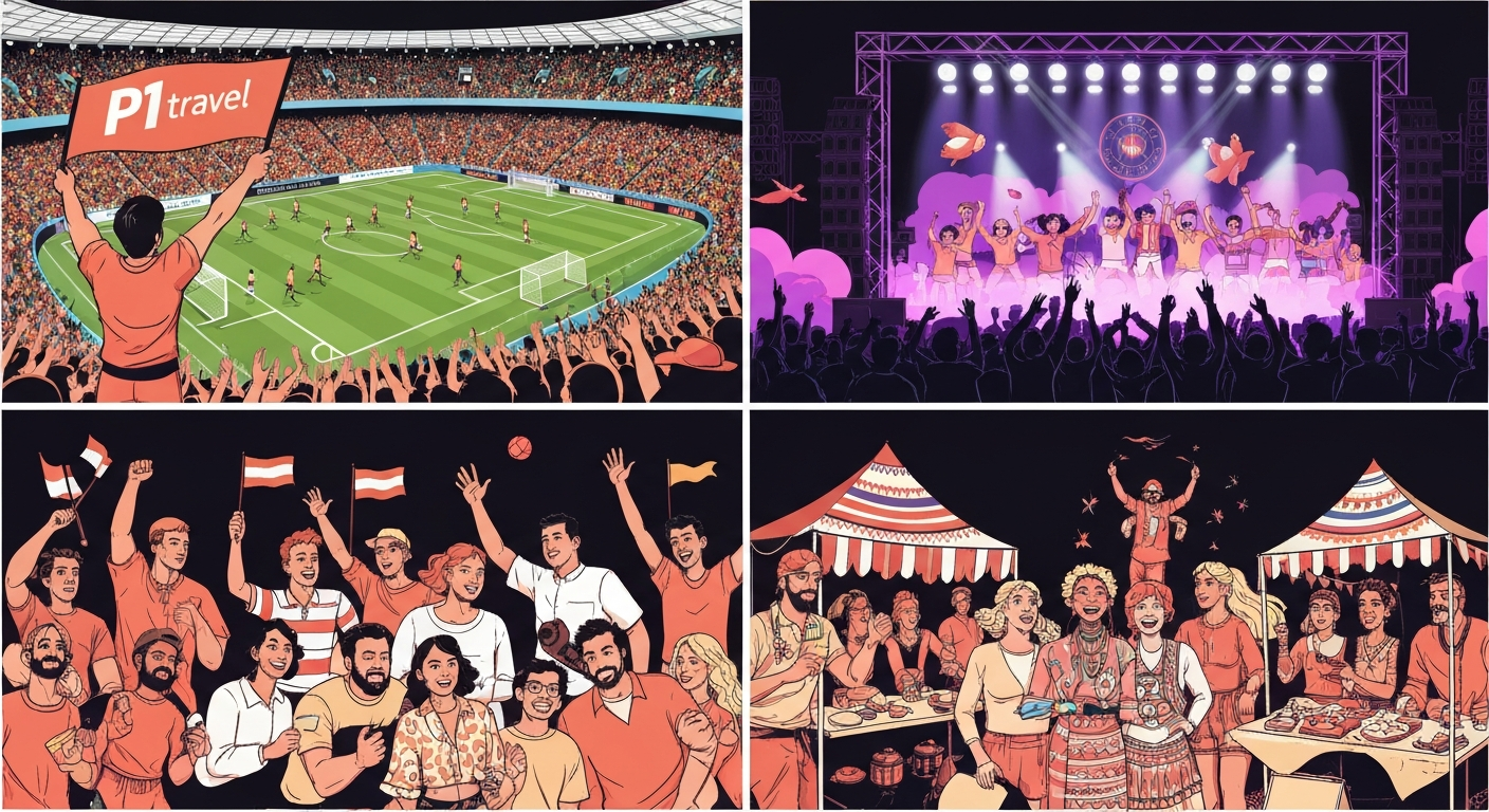 People enjoying various global events like a football match, concert, and festival, representing P1 Travel's diverse offerings. People enjoying various global events like a football match, concert, and festival, representing P1 Travel's diverse offerings.
