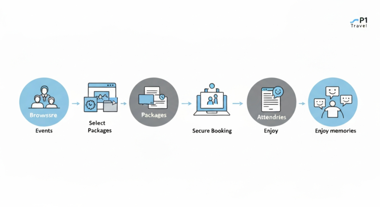 An infographic illustrating the P1 Travel booking process from event selection to enjoying the experience, highlighting ease of use.