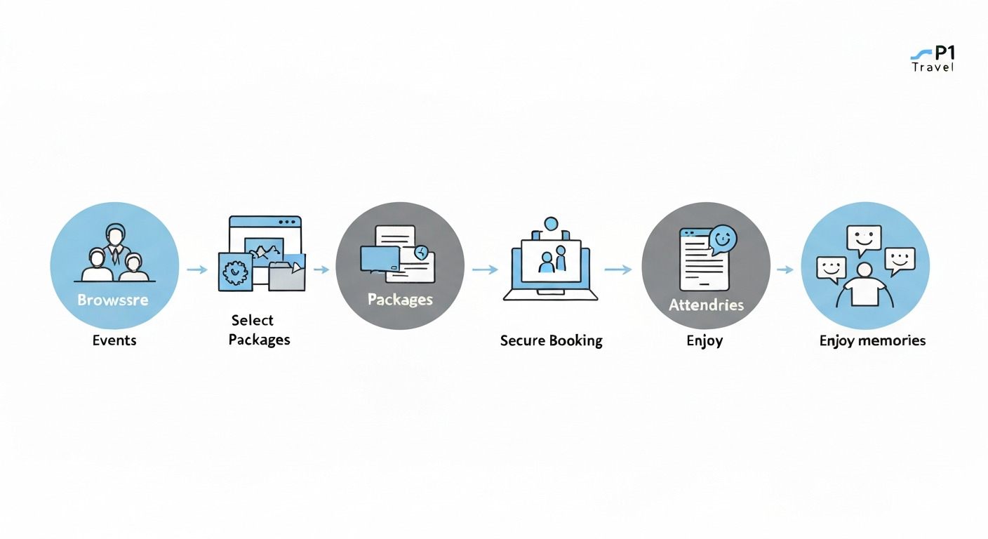 An infographic illustrating the P1 Travel booking process from event selection to enjoying the experience, highlighting ease of use. An infographic illustrating the P1 Travel booking process from event selection to enjoying the experience, highlighting ease of use.