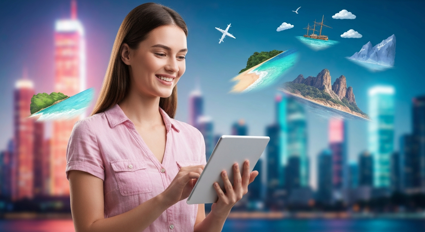 A person smiling while viewing paylater travel options on a tablet, with blurred dream vacation destinations in the background.
