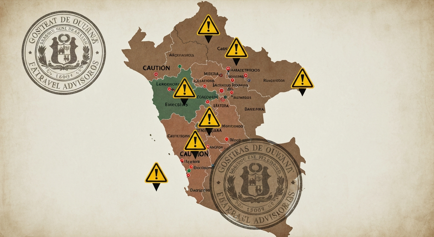 Map of Peru showing regions under state of emergency with advisory icons.