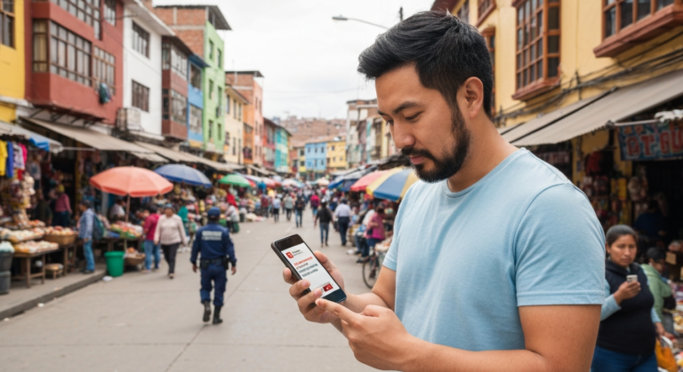 Traveler checking phone for emergency updates in a Peruvian city street with security.