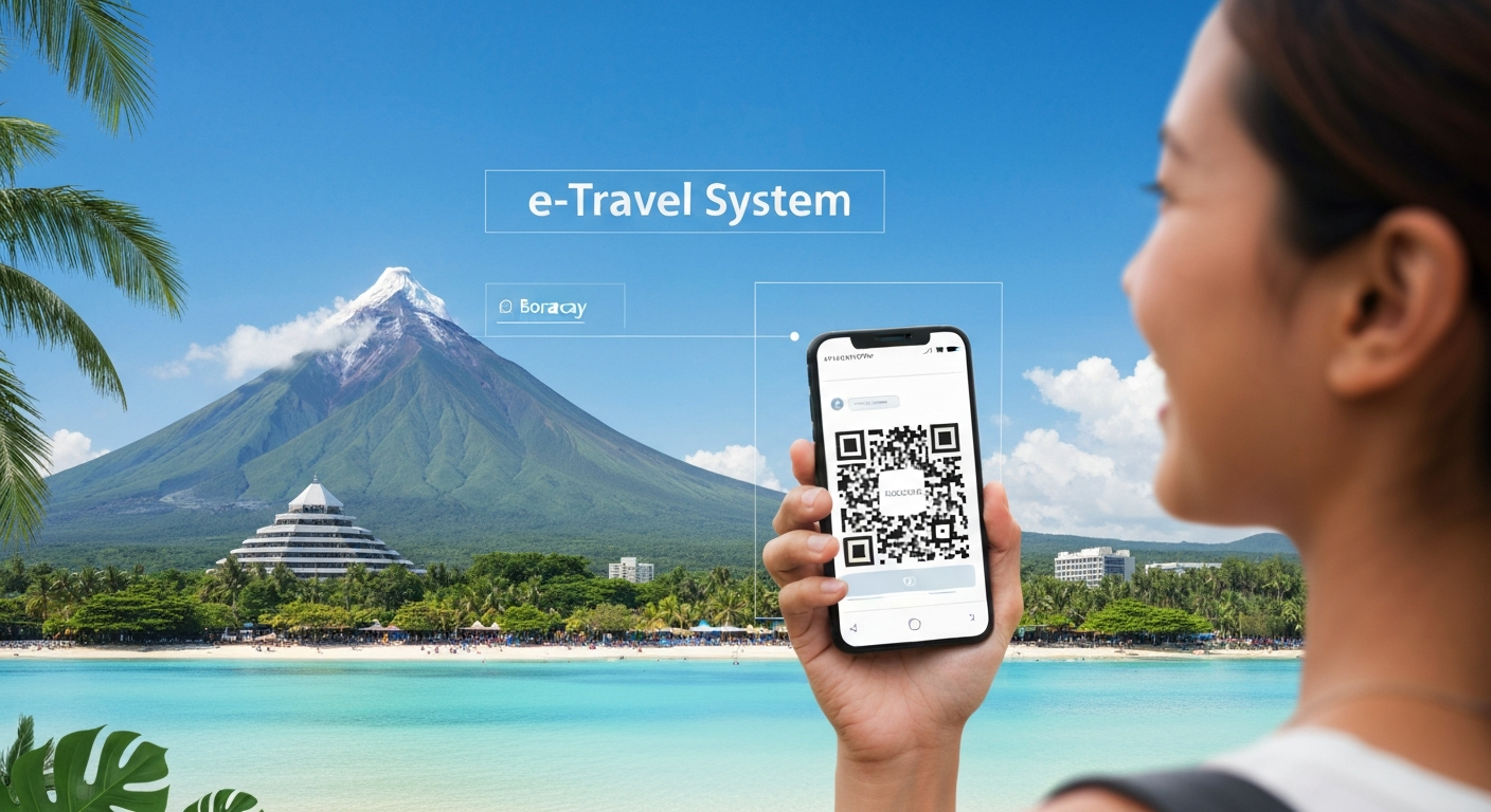 A person smiling and holding a phone with a QR code, showing famous Philippine landmarks in the background, symbolizing easy digital travel. A person smiling and holding a phone with a QR code, showing famous Philippine landmarks in the background, symbolizing easy digital travel.
