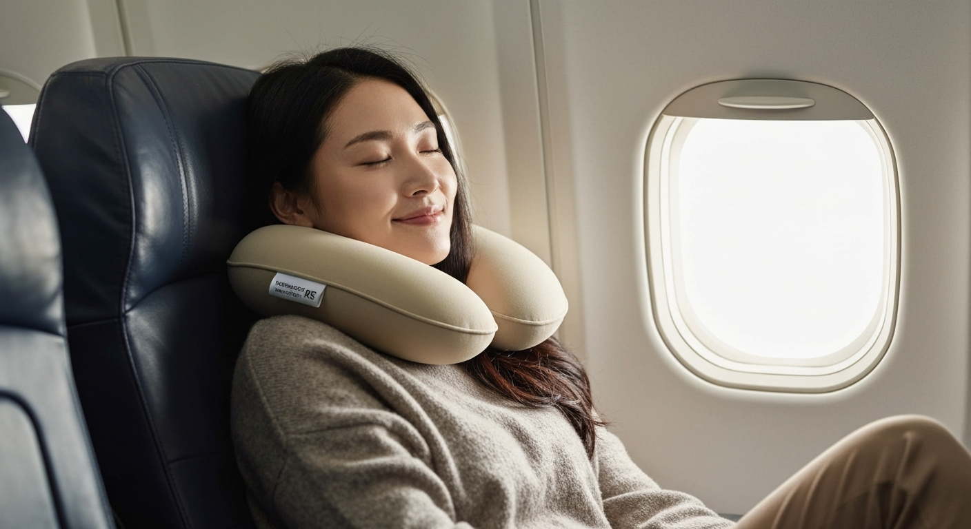 Traveler sleeping peacefully on a memory foam neck pillow on an airplane