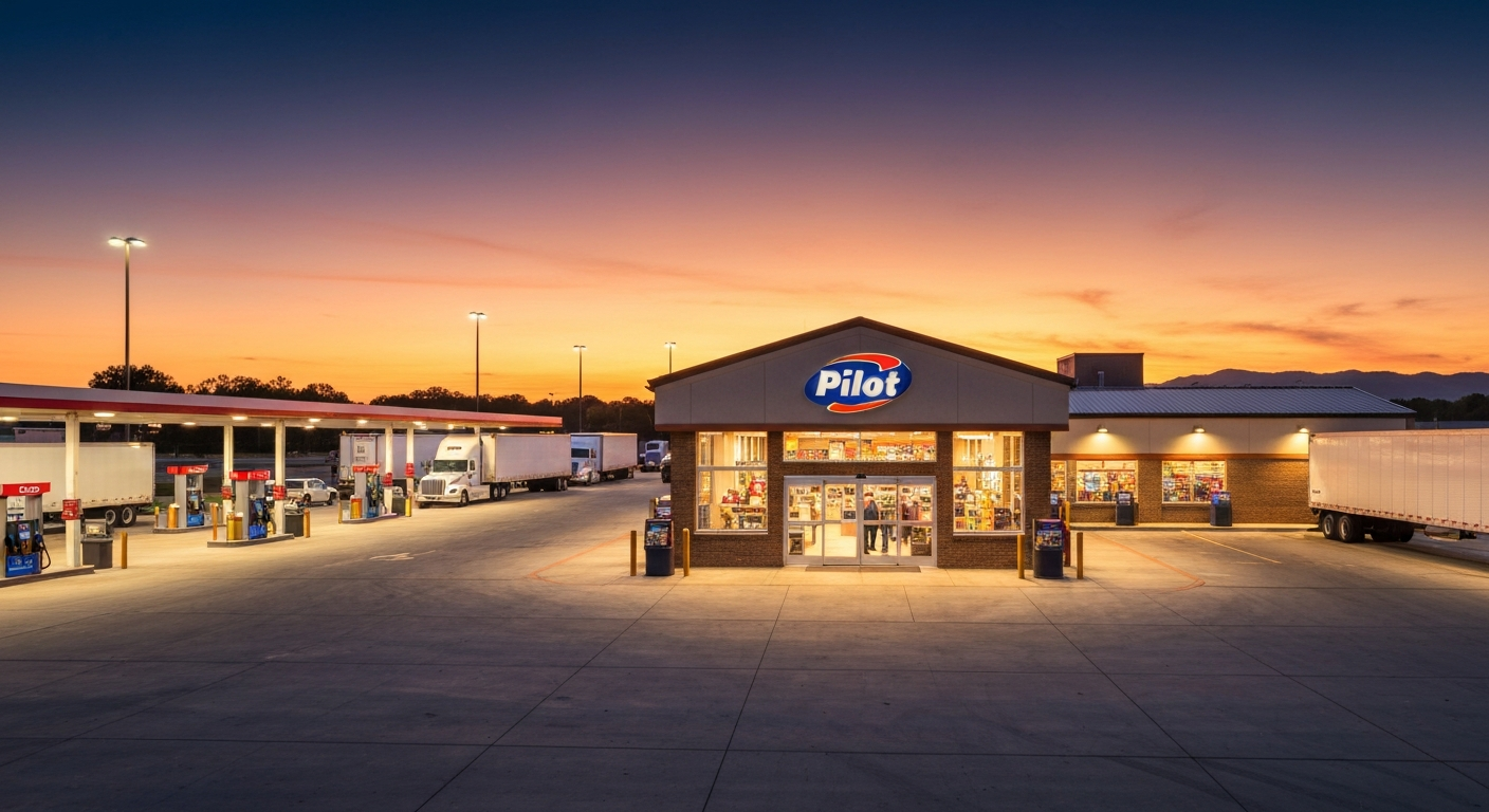 A vibrant Pilot Travel Center with trucks and cars fueling, a brightly lit store, and a clear sky at sunset.