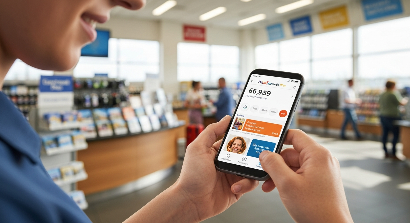A person viewing loyalty points and offers on the Pilot myRewards Plus mobile app inside a travel center.