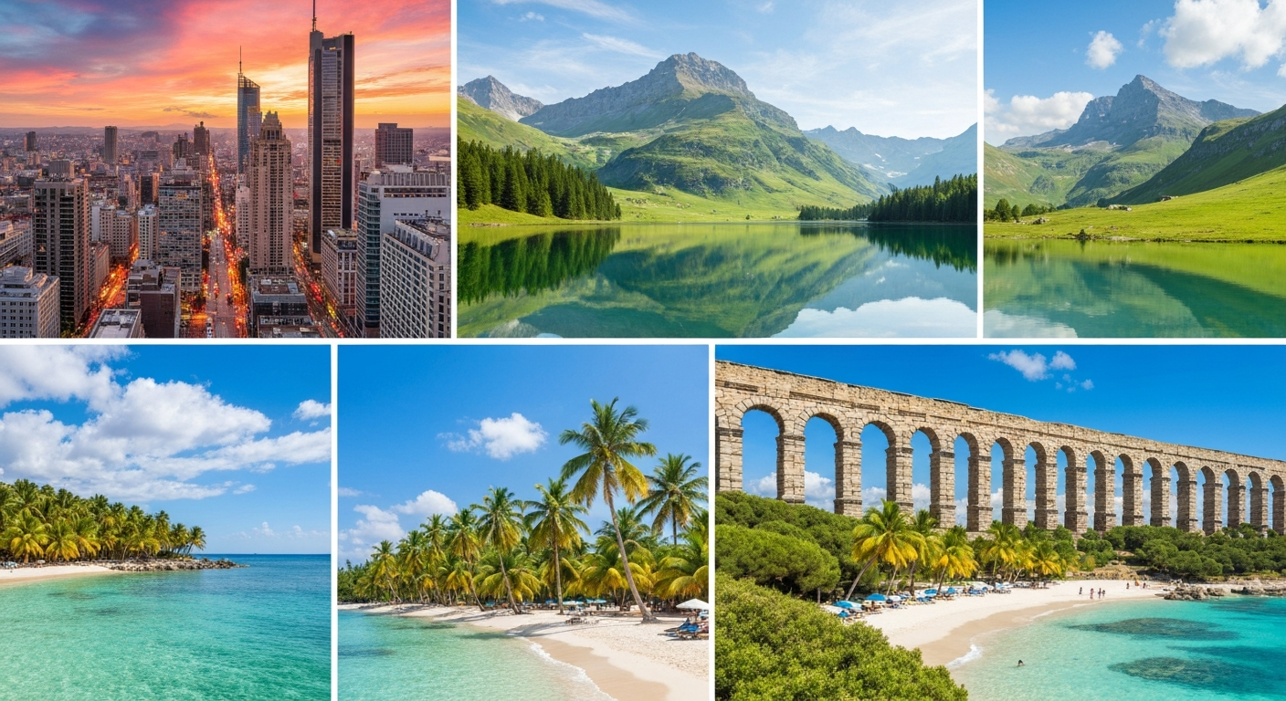 Vibrant collage showcasing diverse global travel destinations: city, mountains, beach, and historical ruins. Vibrant collage showcasing diverse global travel destinations: city, mountains, beach, and historical ruins.