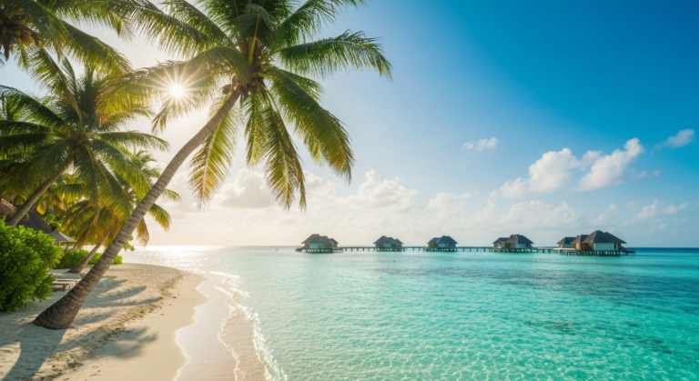 Luxurious overwater bungalows over crystal-clear turquoise water on a sunny tropical beach.