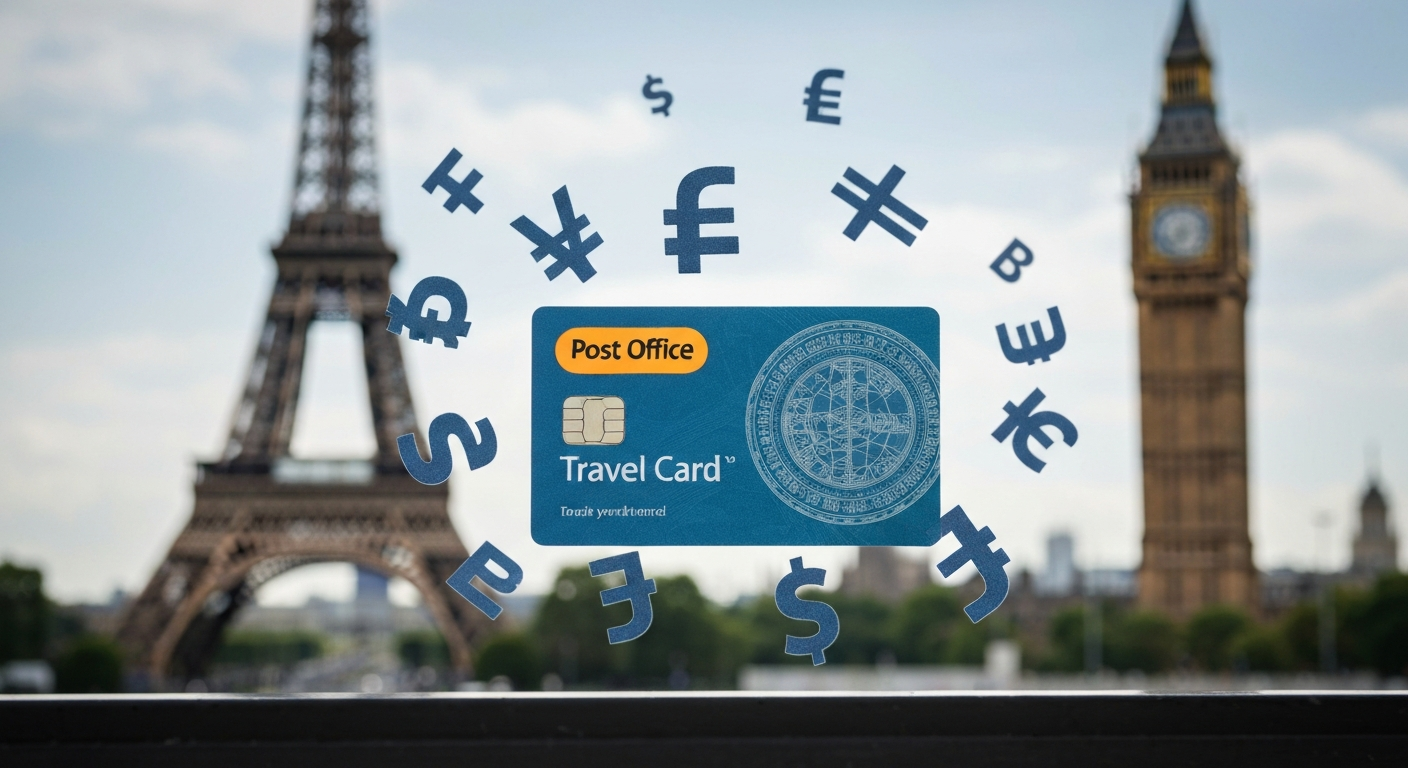 Post Office Travel Card with international currency symbols and famous landmarks.