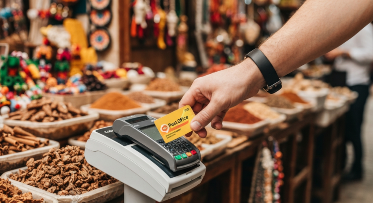 Hand using a Post Office Travel Card at a contactless payment terminal in a foreign market.