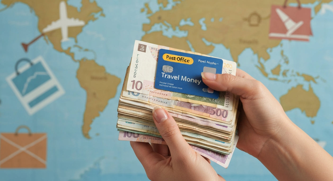 Hands holding diverse international banknotes and a Post Office Travel Money Card, symbolizing travel finance preparation. Hands holding diverse international banknotes and a Post Office Travel Money Card, symbolizing travel finance preparation.