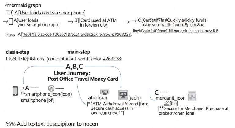 Illustrative diagram showing the Post Office Travel Money Card being loaded, used at an ATM, and for secure purchases abroad.