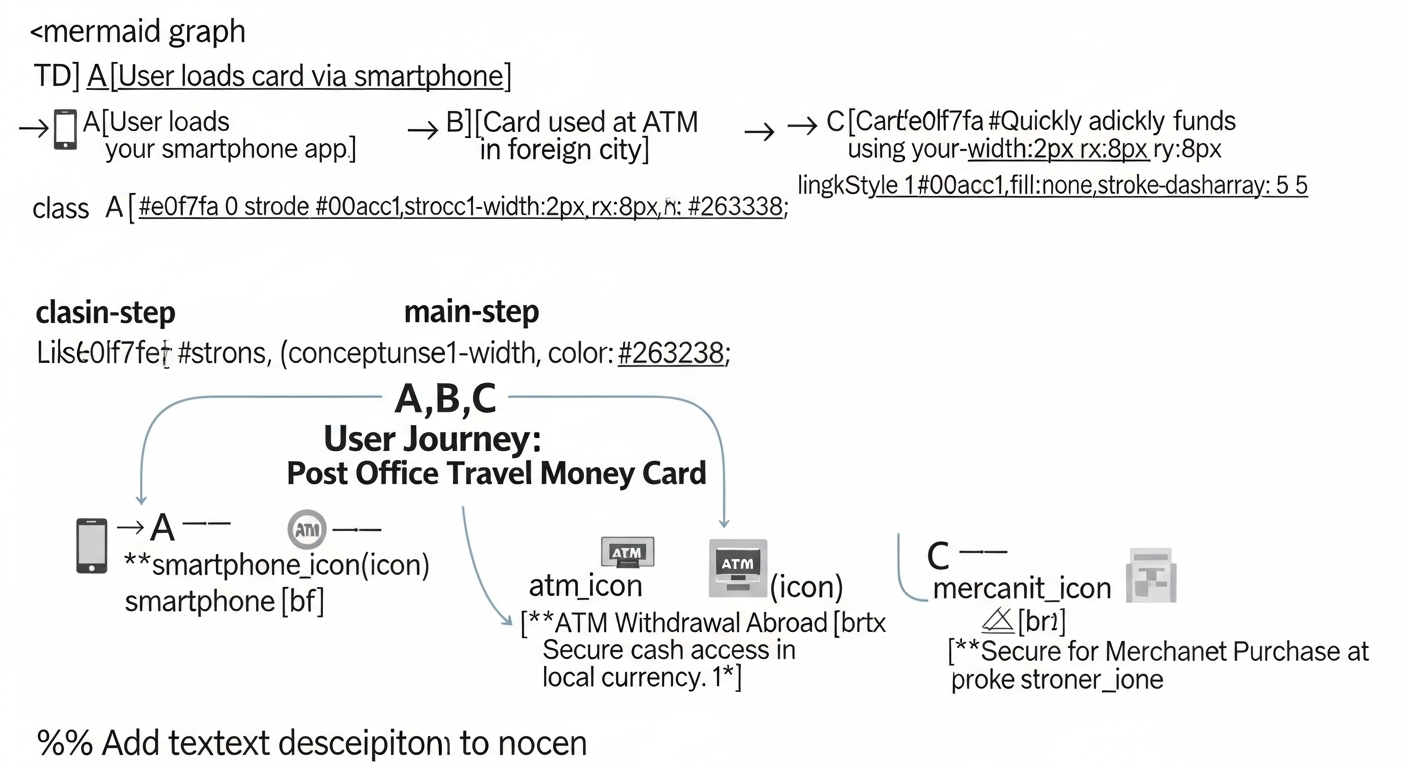 Illustrative diagram showing the Post Office Travel Money Card being loaded, used at an ATM, and for secure purchases abroad. Illustrative diagram showing the Post Office Travel Money Card being loaded, used at an ATM, and for secure purchases abroad.