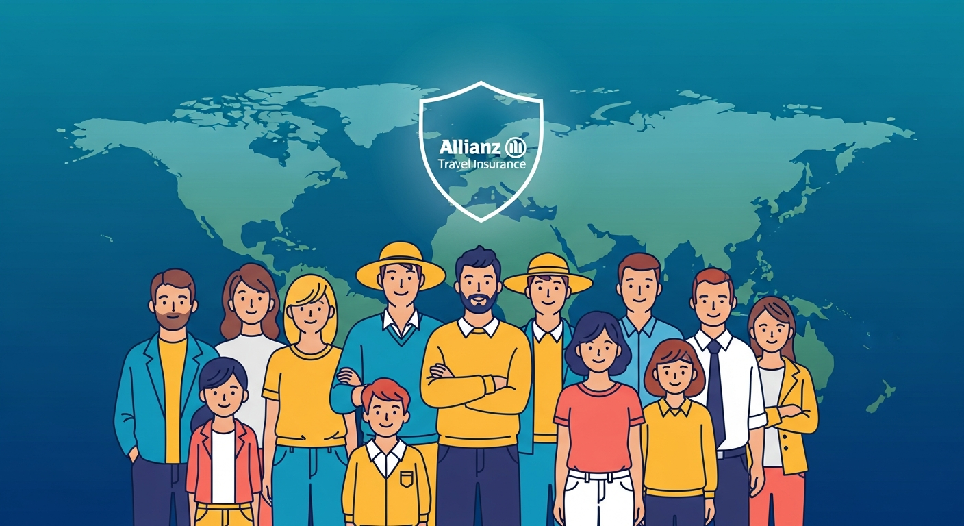 A family confidently positioned before a world map, protected by an abstract shield, symbolizing comprehensive global coverage from Allianz Travel Insurance. A family confidently positioned before a world map, protected by an abstract shield, symbolizing comprehensive global coverage from Allianz Travel Insurance.