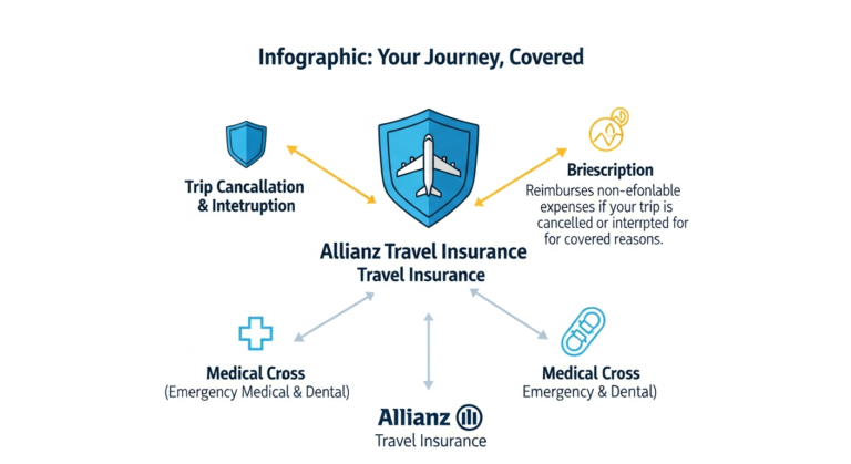 Infographic showing various Allianz Travel Insurance coverages: trip cancellation (plane), medical emergencies (cross), and baggage protection (suitcase) for travelers.