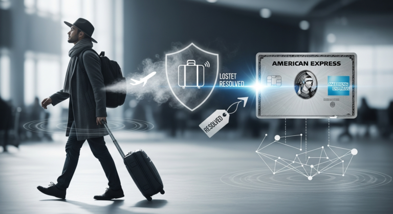 A confident traveler using an American Express card at an airport, representing peace of mind and protection with Amex travel insurance.