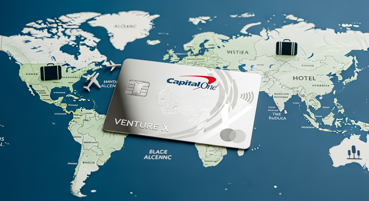 Capital One credit card on world map with travel icons, symbolizing travel insurance and global protection.