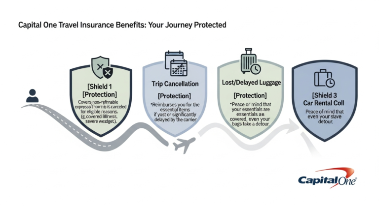 Infographic showing interconnected shields representing Capital One travel insurance benefits like trip cancellation and lost luggage.