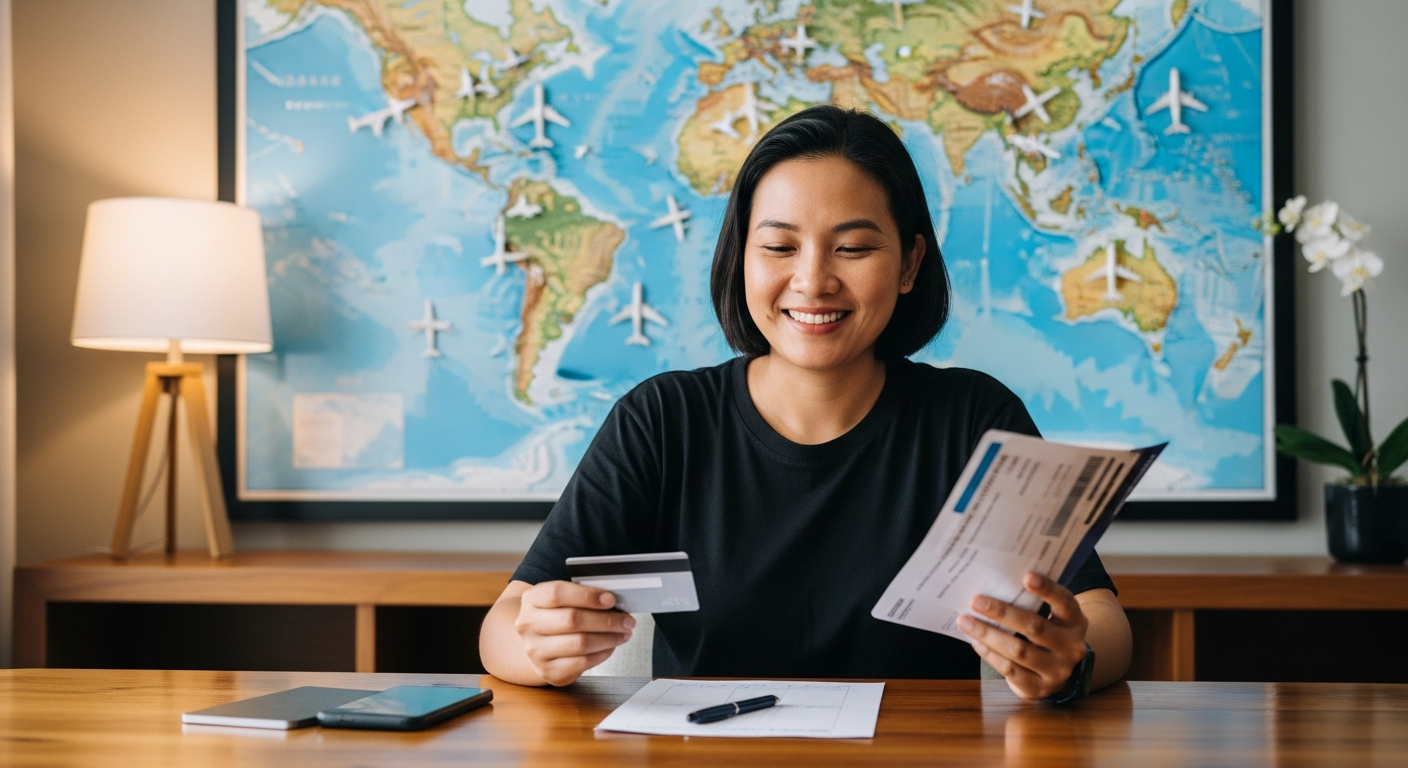 A person holding a Chase credit card and reviewing travel documents on a tablet, with a world map and travel icons in the background, symbolizing secure travel planning.
