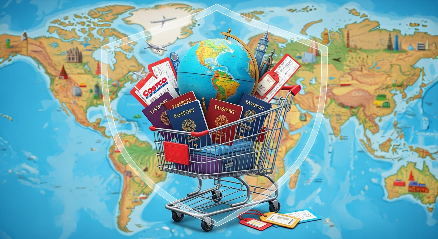 Costco shopping cart with travel items like passport and globe, protected by a shield, symbolizing Costco travel insurance.