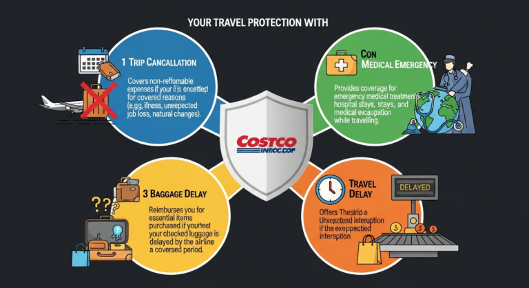 Infographic showing various travel insurance coverages: trip cancellation, medical, baggage, and delay, with a subtle Costco branding.
