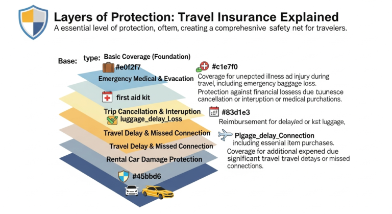 Infographic showing layers of travel insurance protection, including medical, cancellation, and baggage cover, highlighting the comprehensive nature of policies.